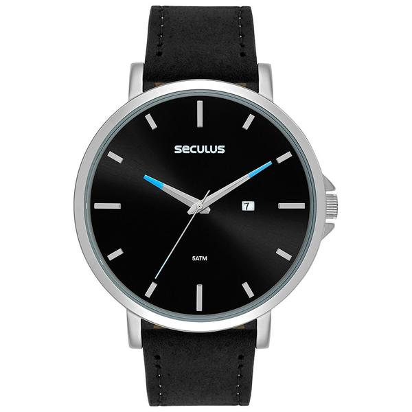 Imagem de Relogio Seculus Masculino prateado preto pulseira de couro minimalista com calendario 44181G0SVNC1