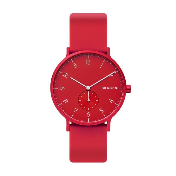 Imagem de Relógio Skagen Aaren SKW6512 de quartzo para homens, silicone vermelho