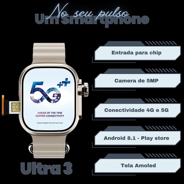 Imagem de Relógio Smartwatch Ultra 3 Ai  Chip 5g Câmera Wifi 16gb + 4 Pulseiras - MICROWEAR