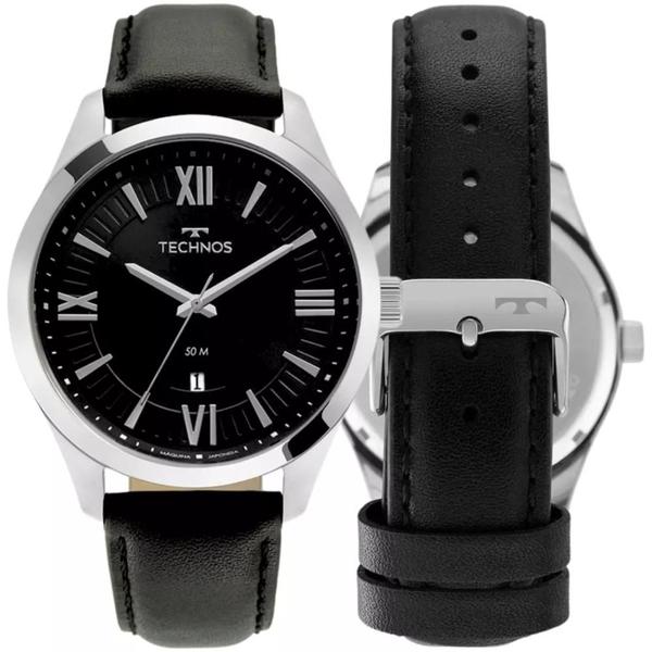 Imagem de Relógio Social Masculino Technos Steel Pulseira de Couro Preto Executivo Prateado Slim Leve 2115MZP/0P