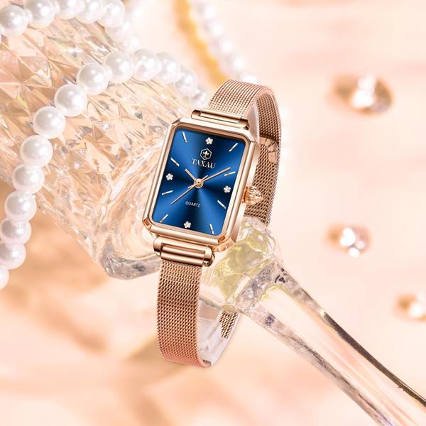 Imagem de Relógio Taxau Rose Gold para mulheres com mostrador azul marinho e pulseira de malha