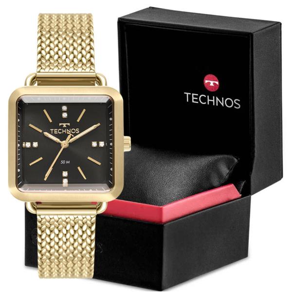 Imagem de Relógio Technos Fashion Style Feminino Dourado Pulseira Mesh Dourado Caixa Quadrada de Aço Inoxidável - 2036MME/4P