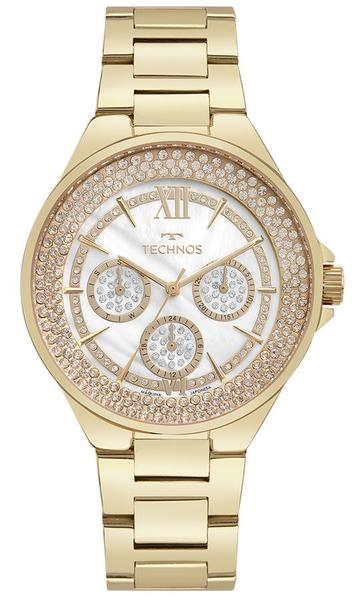 Imagem de Relogio Technos feminino dourado grande banhado folheado multifunção St. Moritz aço inox cravejado com pedrinhas cristais strass 6P29ALQ/1D