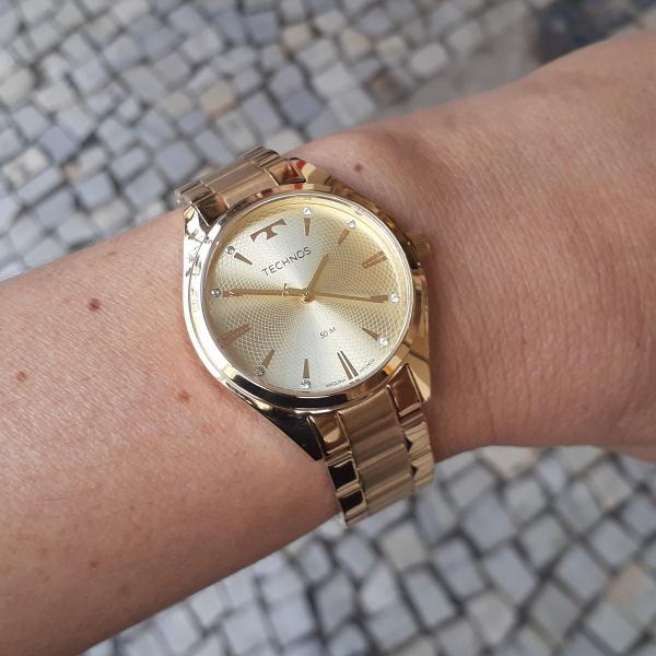 Imagem de Relogio Technos feminino dourado médio com cristais 2036MQS/1X Banhado folheado a prova dágua cravejado com strass