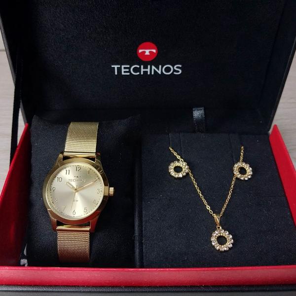 Imagem de Relogio Technos feminino dourado pequeno com numeros classico social pulseira esteira kit semi joia 2035MUS/K1