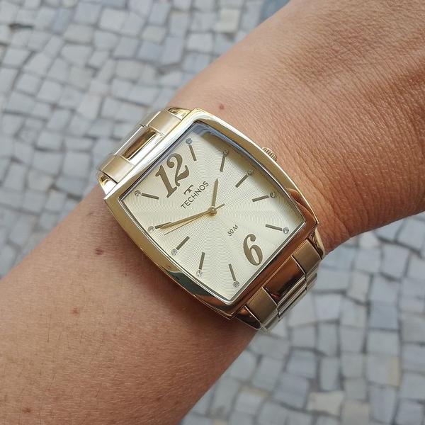 Imagem de Relogio Technos feminino dourado quadrado grande banhado luxo social retangular 2035MWV/1X