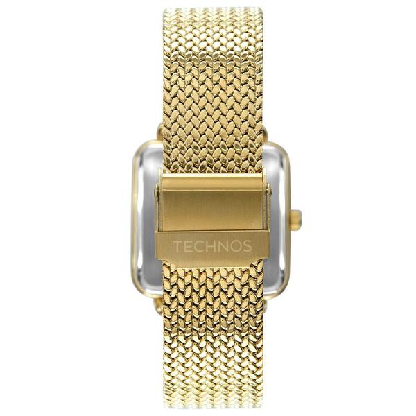 Imagem de Relogio Technos Feminino Dourado Quadrado mostrador preto pulseira malha de aço esteira mesh Banhado folheado a prova dágua 2036MME/4P