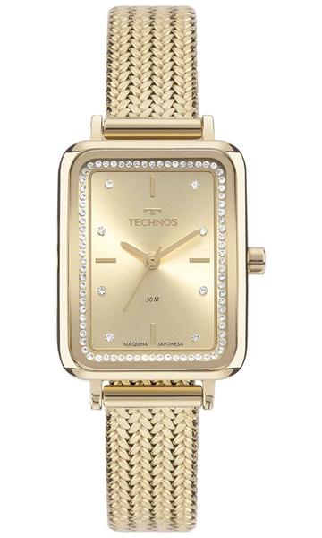 Imagem de Relogio Technos feminino dourado quadrado pequeno GL32AI/1D Banhado folheado a prova dágua cravejado com strass Pulseira em Malha de aço mesh