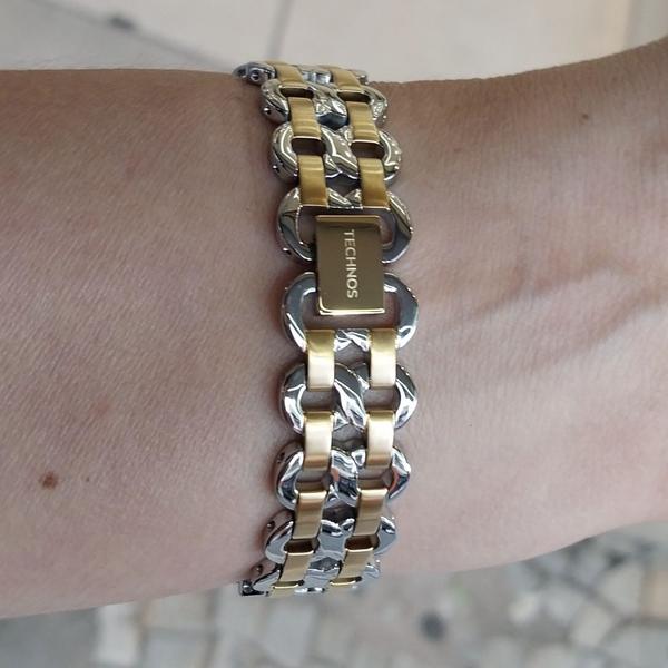 Imagem de Relogio Technos feminino pequeno quadrado pulseira de elos dourado prata bicolor misto sofisticado moderno 2035NAS/1K