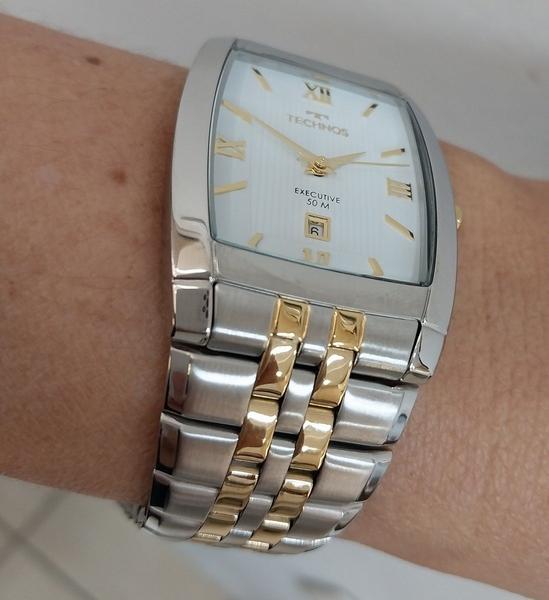 Imagem de Relogio Technos feminino quadrado grande prata e dourado bicolor misto retangular banhado folheado com calendário 1N12MQ/5B