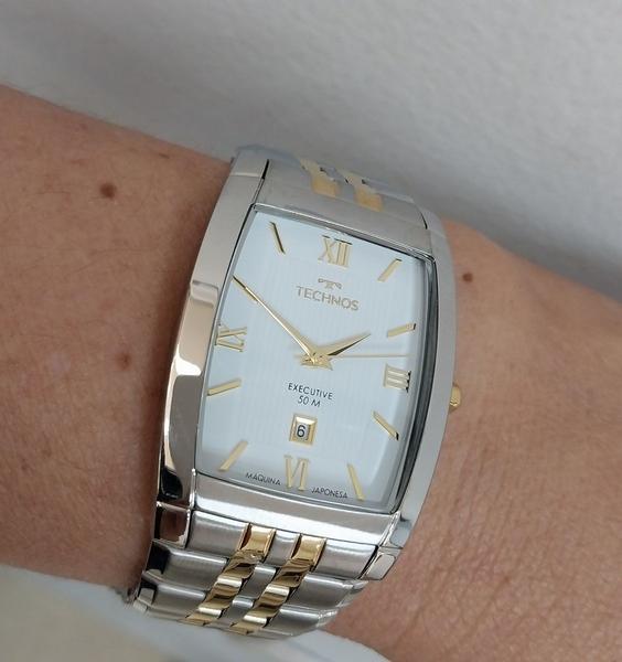 Imagem de Relogio Technos feminino quadrado grande prata e dourado bicolor misto retangular banhado folheado com calendário 1N12MQ/5B