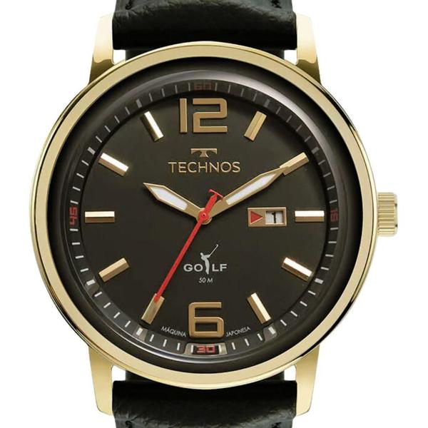 Imagem de Relógio Technos Masculino Golf Preto e Dourado Pulseira Couro Legitimo 2115MXY/1P