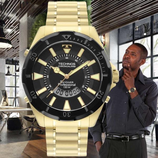 Imagem de Relógio Technos Masculino Performance Skydiver Aço Inox Digital Analógico Robusto Dourado WT205GA/1P