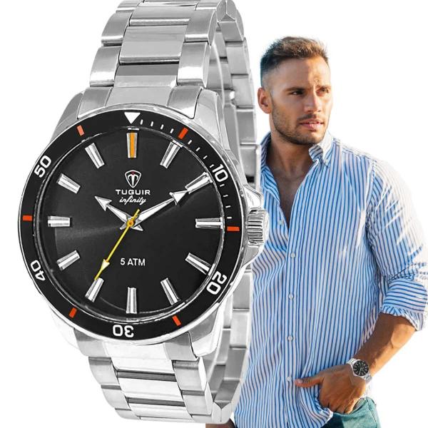 Relógio Tuguir Infinity Masculino Analógico Casual Aço Inóx Prova D'água Preto Prata TGI37008 Imagem de Relógio Tuguir Infinity Masculino Analógico Casual Aço Inóx Prova D'água Preto Prata TGI37008