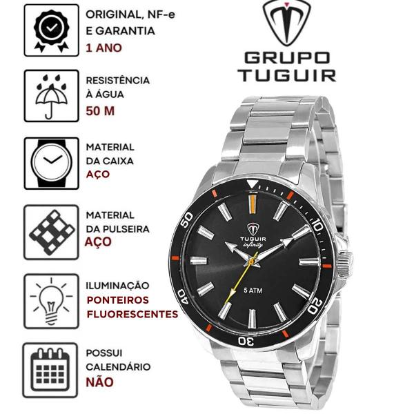 Relógio Tuguir Infinity Masculino Analógico Casual Aço Inóx Prova D'água Preto Prata TGI37008 Imagem de Relógio Tuguir Infinity Masculino Analógico Casual Aço Inóx Prova D'água Preto Prata TGI37008