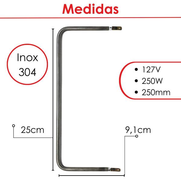 Imagem de Resistência Elétrica Inox Blindada Para Estufa Salgado Titã 3 e 4 Bandejas 250w 127v 25 x 9 cm