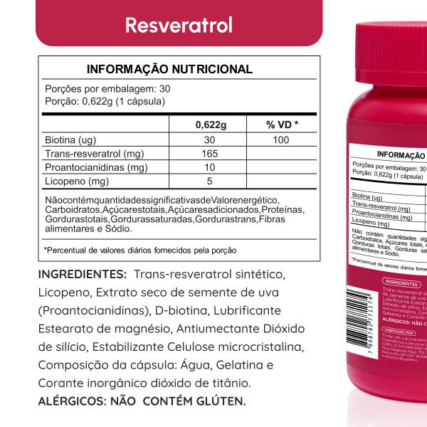 Imagem de Resveratrol 165mg com biotina , licopeno e proantocianidinas de 30 cápsulas Vhita 6 unidades