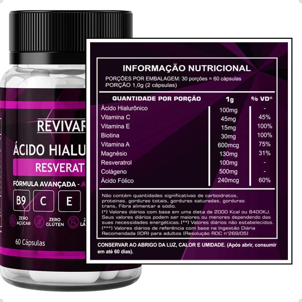 Imagem de Resveratrol com Acido Hialuronico  Antioxidante Vitamina E , C, A , B9 Biotina Formula Avançada 60Caps - Revivare