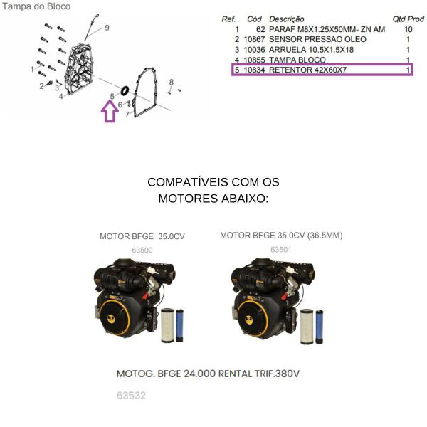 Imagem de Retentor Tampa do Bloco 42x60x7mm P/ Motogerador BFGE 24.000