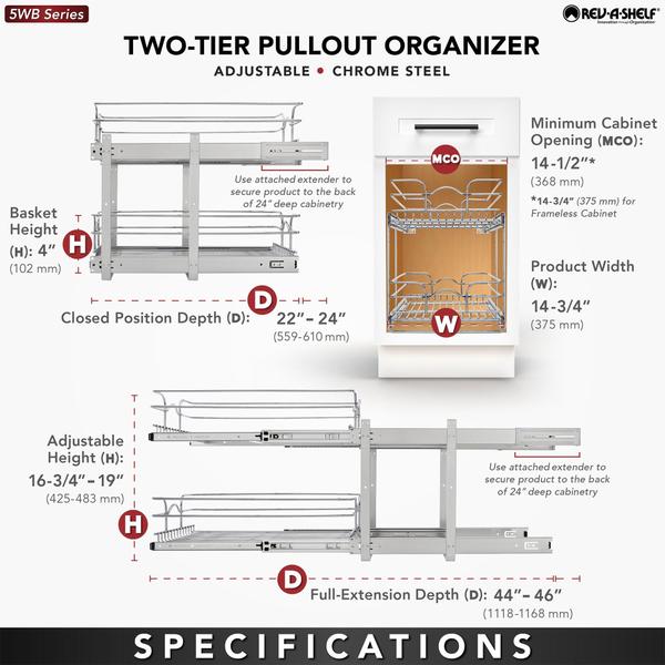 Imagem de Rev-A-Shelf 5WB2-1522CR-1 15 x 22 polegadas 2-Tier Wire Basket Pull Out Shelf Storage para organização do armário de base da cozinha, cromo