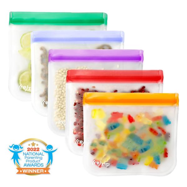 Imagem de rezip Lay-Flat Lunch Reutilizável BPA-Free Food Grade Storage Bag 5-Pack, à prova de vazamentos, cofre para freezer, lava-louças, Travel Friendly, (5) Almoço / Sandwich Bags (3,5 - xícara / 28 onças), (Multicolor - Tons de joia)