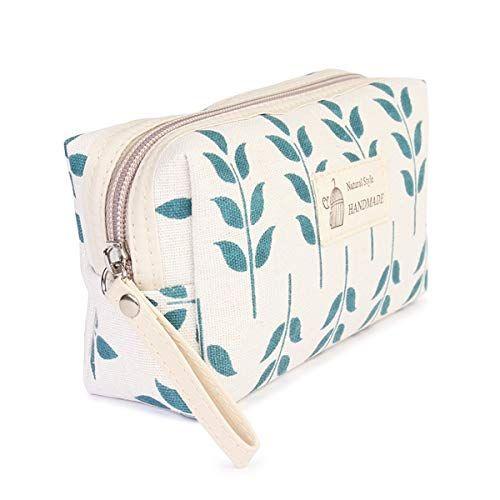 Imagem de RIAH FASHION Portátil Travel Clutch Cosméticos Bolsa de Maquiagem - Organizador de Higiene Pessoal Bolsa Wristlet Stripe, Floral, Plaid, Cortiça (Bolsa Retângulo - Folha Azul)