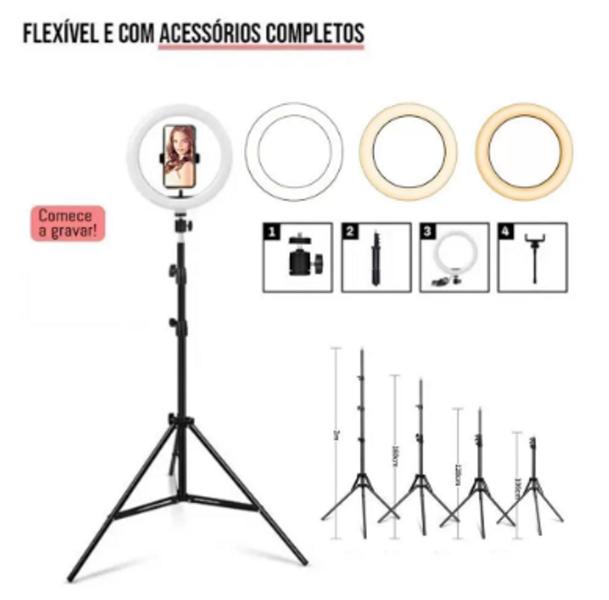 Imagem de Ring Light 10" 26cm com Suporte Celular Kit Youtuber Podcast Profissional + Controle Bluetooth