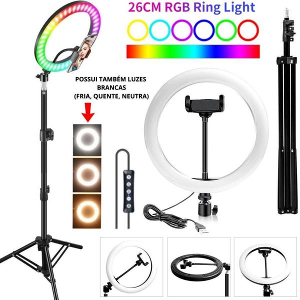 Imagem de Ring Light 10 Polegadas RGB Colorido + Tripé 2 metros Luz blogueira tikotk youtuber