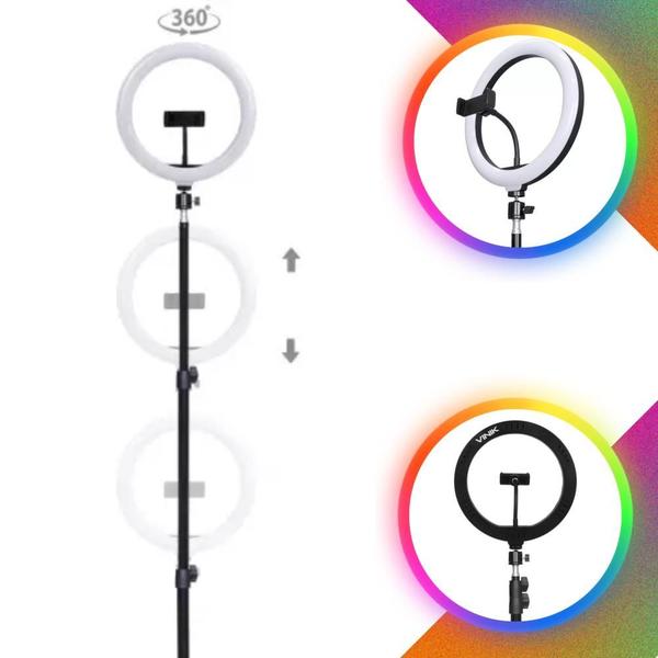 Imagem de Ring Light 26cm Led Suporte Para Celular Altura 1,65m Com 3 Modos de  Luz Controladora de Led USB