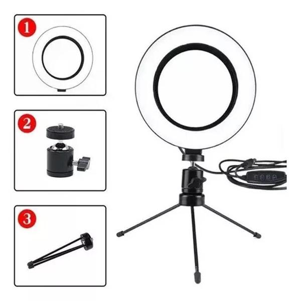 Imagem de Ring Light De Mesa Iluminador De Led com Tripé 6 Polegadas 16cm Luz Fria/Neutra/Quente 110V/220V