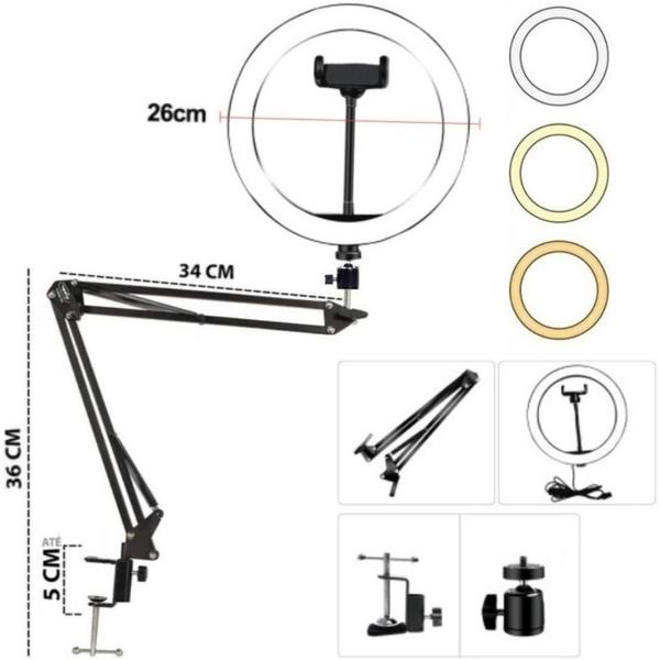 Ring Light de Mesa Suporte articulado flexível Iluminador Luz Led Vídeo Foto Blogueira Live Streamer - CJJM Imagem de Ring Light de Mesa Suporte articulado flexível Iluminador Luz Led Vídeo Foto Blogueira Live Streamer