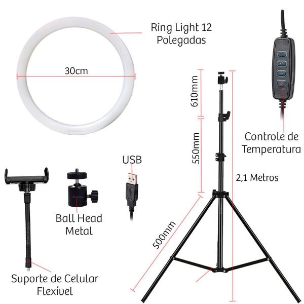 Ring Light Iluminador 12 Polegadas 3 Tonalidades De Branco - Ring Fill Imagem de Ring Light Iluminador 12 Polegadas 3 Tonalidades De Branco