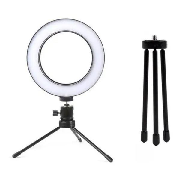 Ring Light Iluminador 6" 16 Cm Fotos e Videos Tripé De Mesa Luz Led - AAA Imagem de Ring Light Iluminador 6" 16 Cm Fotos e Videos Tripé De Mesa Luz Led