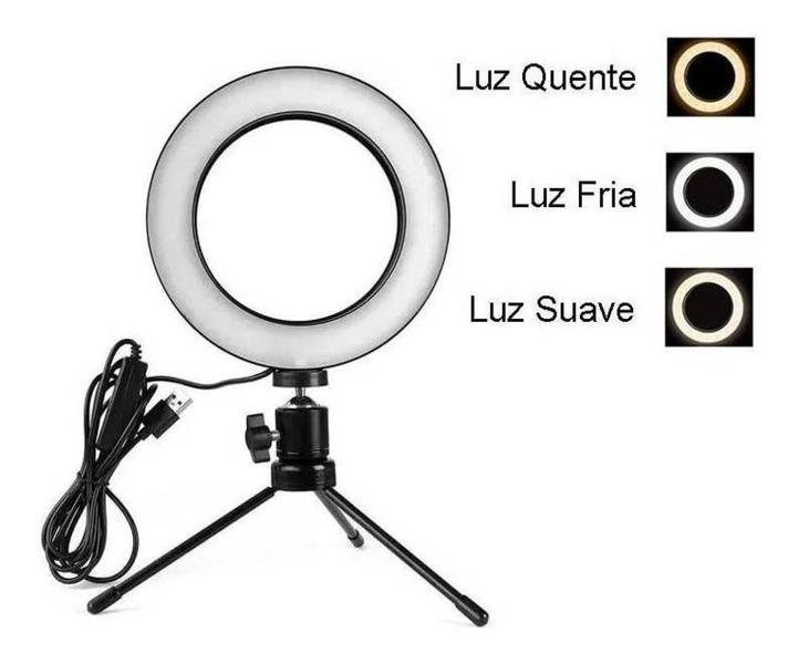 Ring Light Iluminador 6" 16 Cm Fotos e Videos Tripé De Mesa Luz Led - AAA Imagem de Ring Light Iluminador 6" 16 Cm Fotos e Videos Tripé De Mesa Luz Led
