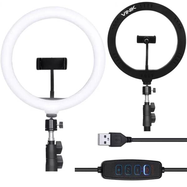 Imagem de Ring Light Led 26cm Conexão USB Tripé Ajustável Altura 1,65m Com 3  Modos de Luz Rotação 360 Graus Controladora Led