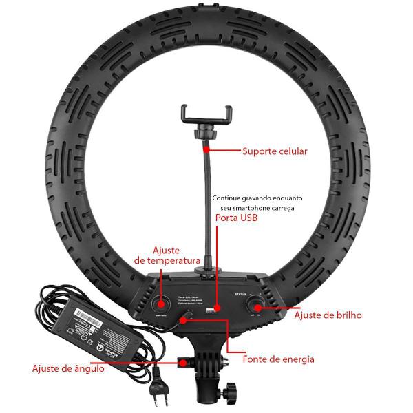 Imagem de Ring Light Led 55w Tomate 45cm Com Dimmer E Controle + Tripé 1.80m