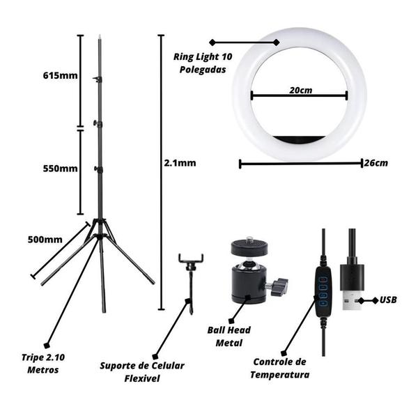 Imagem de Ring Light Led Iluminador 26Cm Completo 2,1M Tripé 210Cm