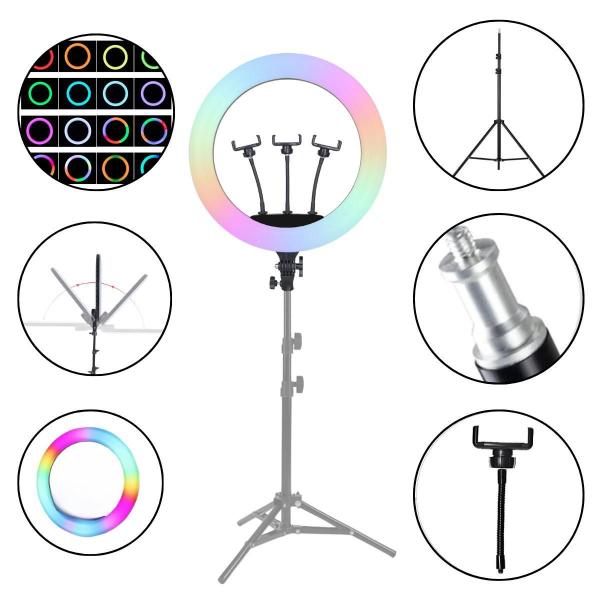 Imagem de Ring Light Led Rgb 45Cm Com Suporte Celular E Tripé 1,60M