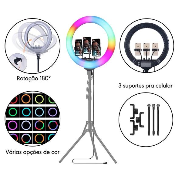 Imagem de Ring Light Led Rgb 45Cm Com Suporte Celular E Tripé 1,60M