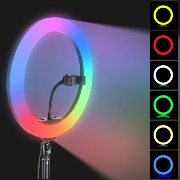 Imagem de Ring Light LED RGB 45cm com Suporte de Celular,  Controle Remoto e Tripé 1,90 m