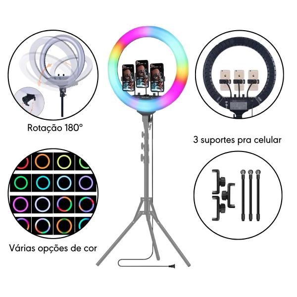 Imagem de Ring Light LED RGB 45cm com Suporte de Celular e Tripé de luz de Estúdio 1,60m 