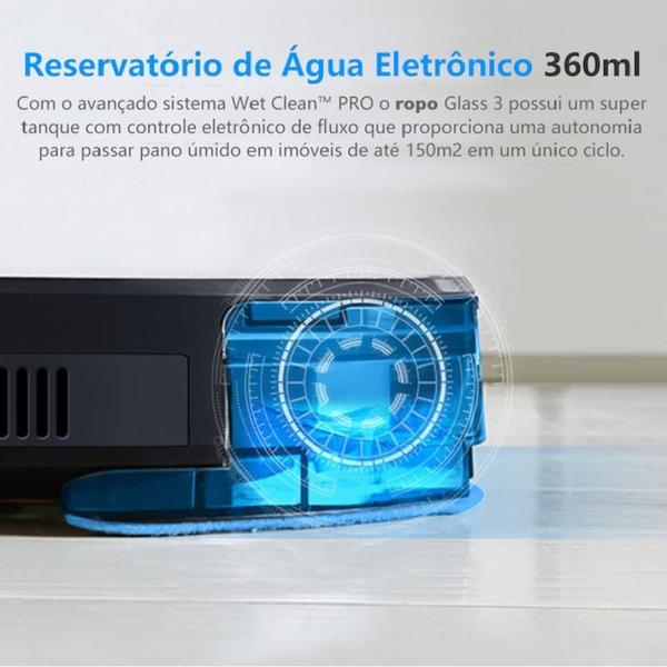 Imagem de Robô Aspirador Ropo Glass 3 -  Automático 3 em 1 Varre, Aspira, Passa Pano, Bateria Recarregável, Bivolt, Preto