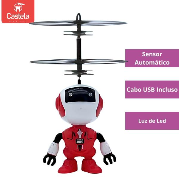 Imagem de Robozinho Vermelho Brinquedo Voador Sensor De Mão Luz Robô Voa Castela