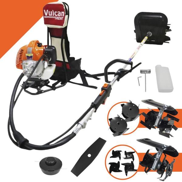 Imagem de Roçadeira Costal Multifuncional Á Gasolina Vulcan VRC430 2T 43CC 1,7HP Com Enxada Rotativa Capinadeira e Cultivadora + Cinto tipo Mochila, Faca 2 Pontas e Carretel