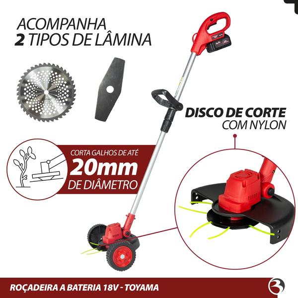 Imagem de Roçadeira de Carrinho 18V com Bateria e Motor Brushless, Telescópica, Corte 10” - Toyama