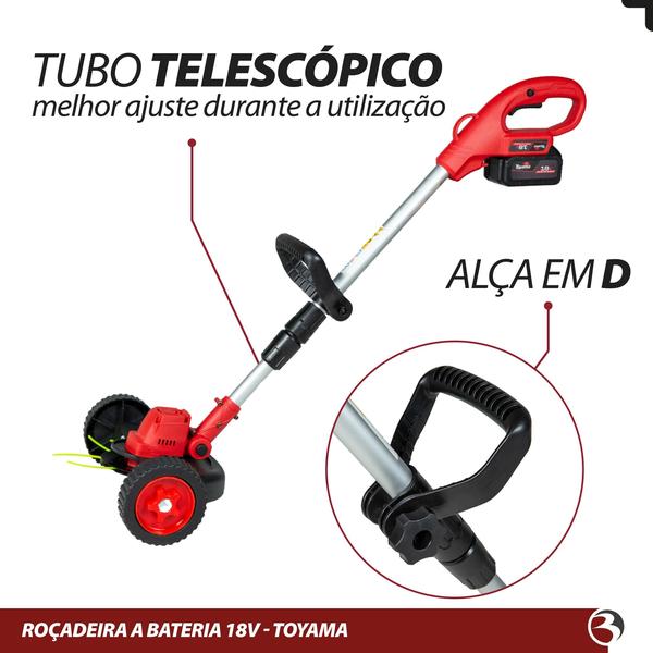 Imagem de Roçadeira de Carrinho 18V com Bateria e Motor Brushless, Telescópica, Corte 10” - Toyama