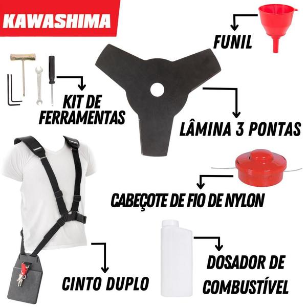 Imagem de Roçadeira Profissional Lateral Kawashima KW43-L À Gasolina 2T 43cc 1,7HP Robusta de Alta Performance e Potência Com Lâmina 3 Pontas e Carretel Nylon + ÓLEO CASTROL STIHL 2T