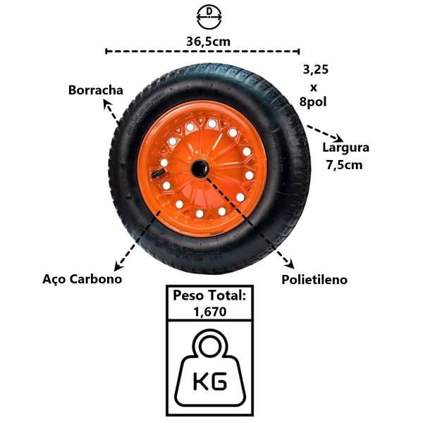 Imagem de Roda Completa Carrinho de Mão Aço Carbono 8pol 45 50 e 60L