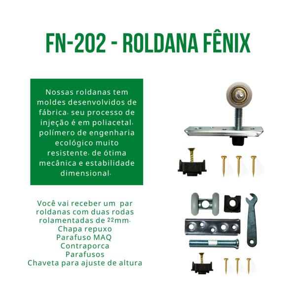 Imagem de Roldana 2 rodas para trilho stanley fênix, 22mm, eixo em ferro, acompanha freio injetado de presente