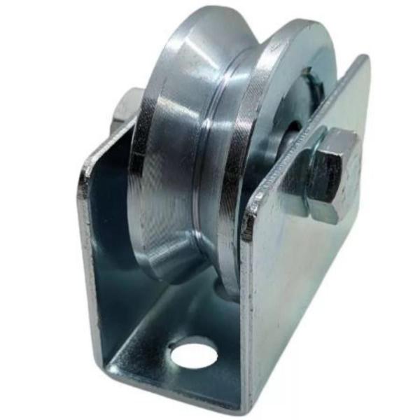 Roldana em aço 4" canal (v) com suporte e rolamento porta portao ferro jocec Imagem de Roldana em aço 4" canal (v) com suporte e rolamento porta portao ferro jocec
